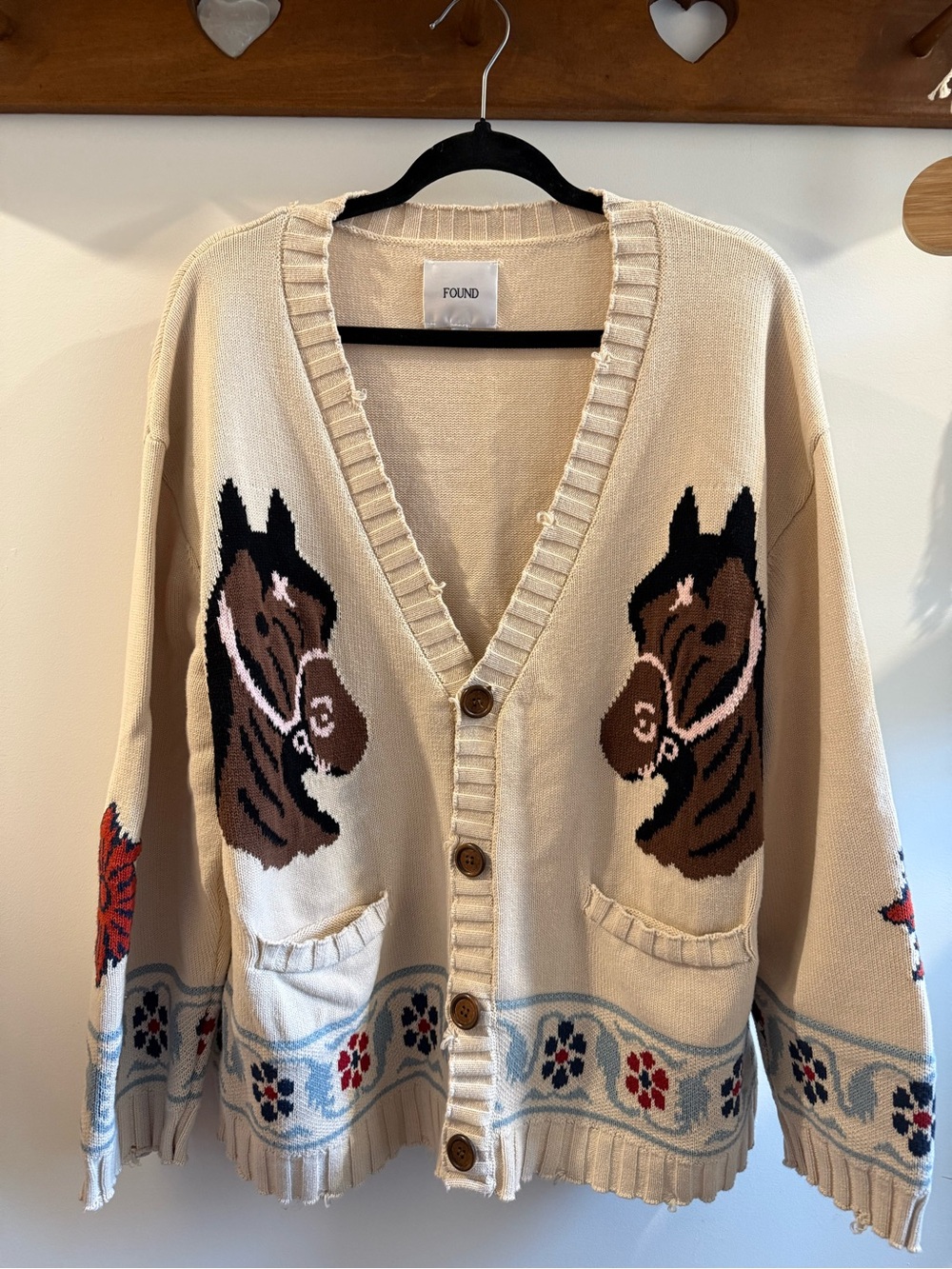 FOUND Cream Horse Intarsia Button-Front Cardigan